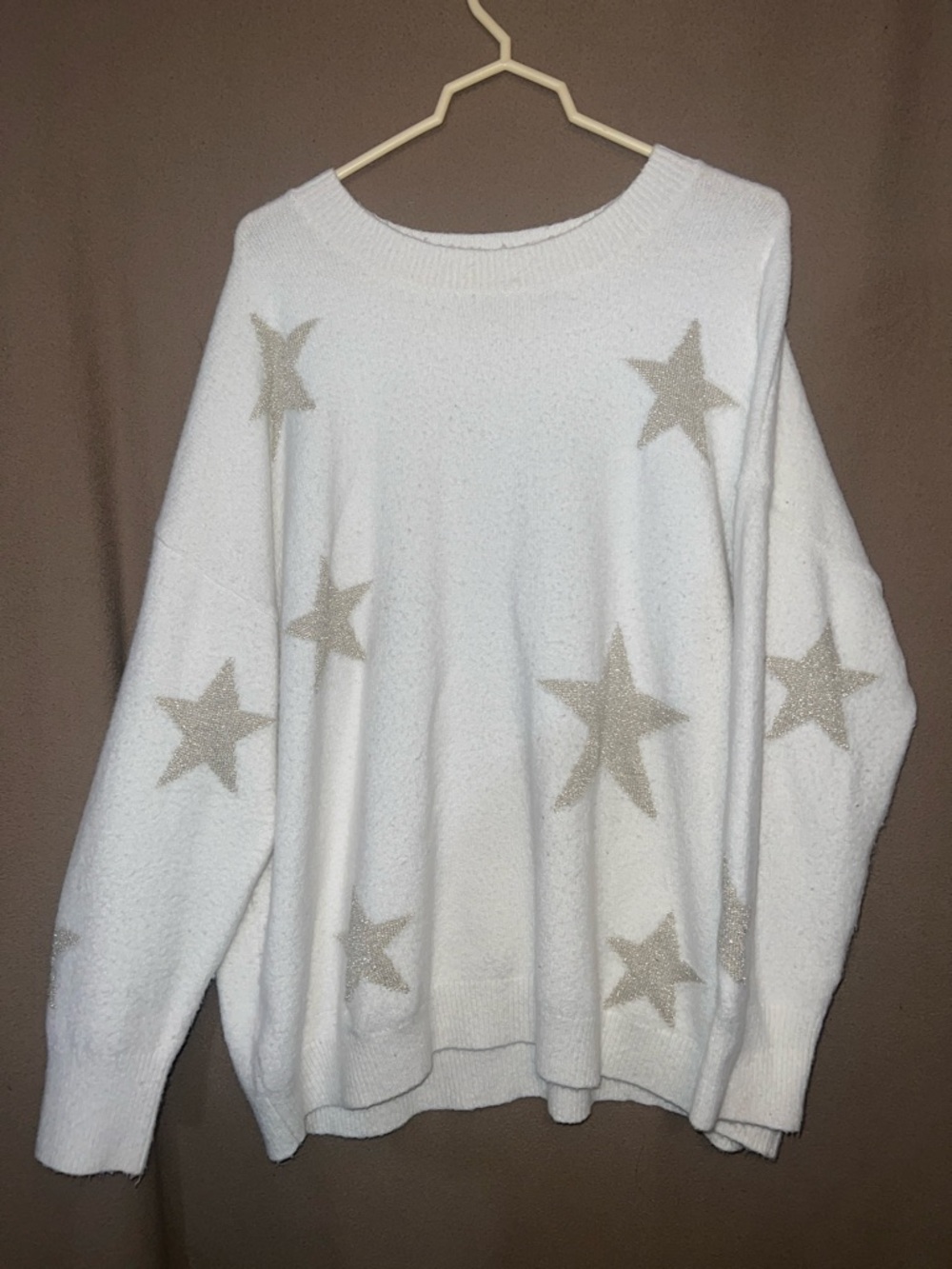 Skies Are Blue White Sweater with Metallic Beige Stars